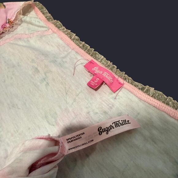 Dolls Kill Sugar Thrillz Pink & White Romantic Floral Sweetheart Coquette Top S - Picture 7 of 7